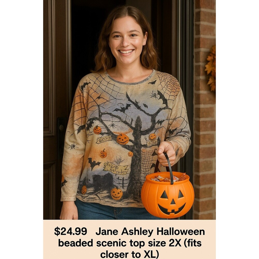 Jane Ashley Halloween Scenic Beaded Top Pumpkins Bats Spiders Web Black Cat 2X